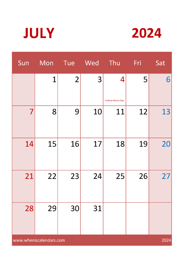 Download July 2024 editable Calendar A4 Vertical 74044