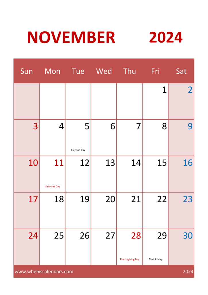 Download November 2024 editable Calendar A4 Vertical 114044