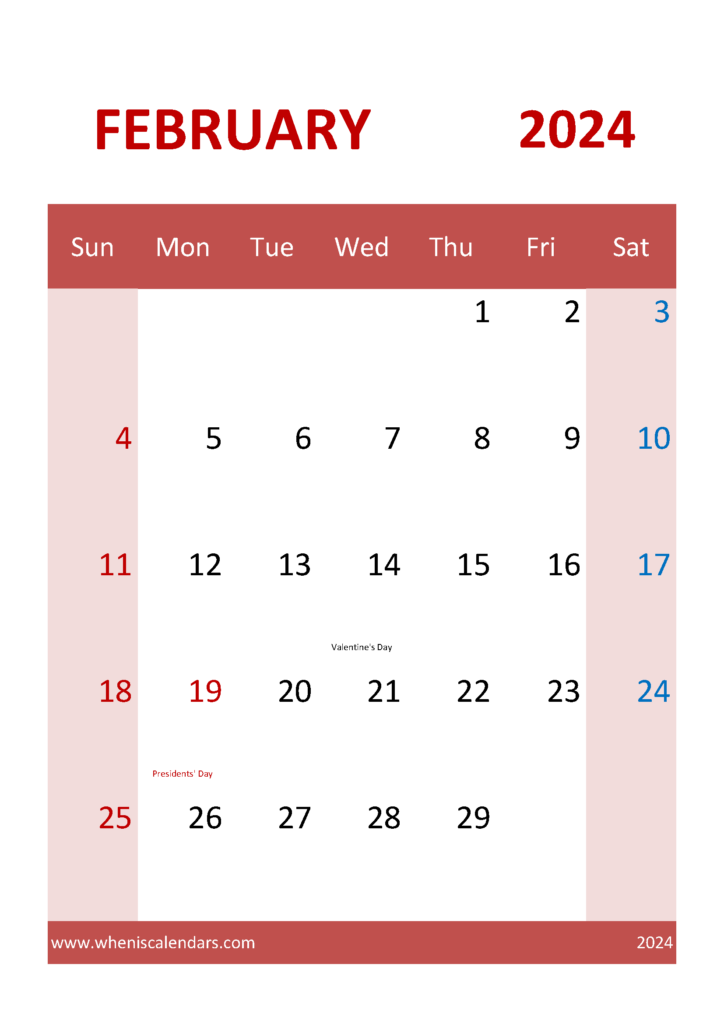 Download Calendar Printable February 2024 A4 Vertical 24045