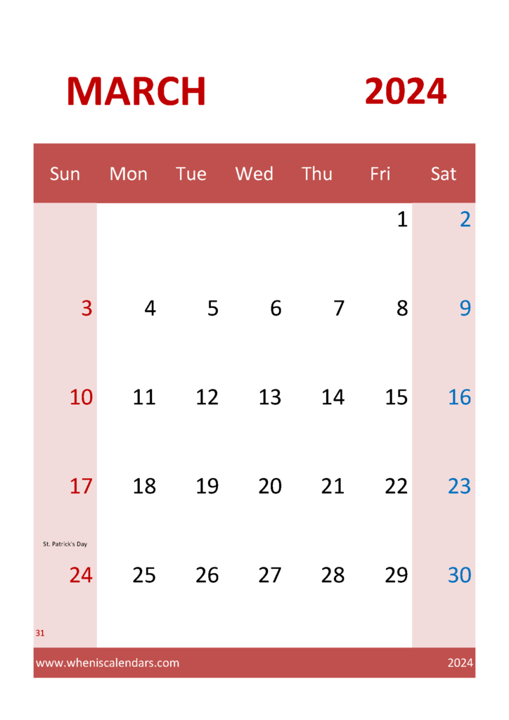 Download Calendar Printable March 2024 A4 Vertical 34045