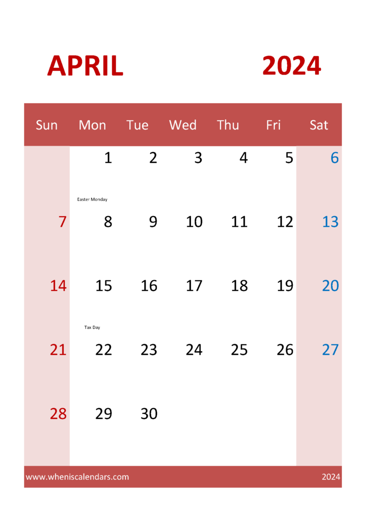 Download Calendar Printable April 2024 A4 Vertical 44045