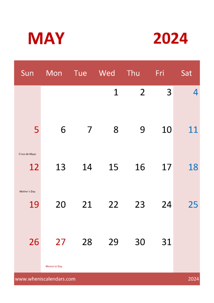 Download Calendar Printable May 2024 A4 Vertical 54045