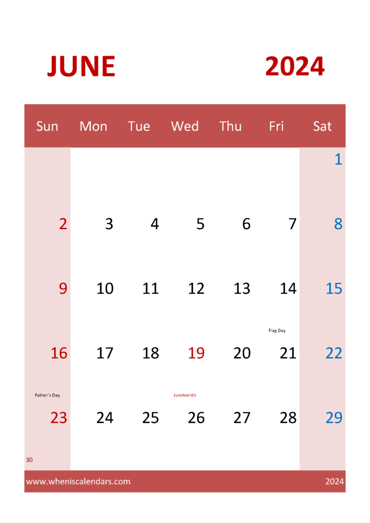 Download Calendar Printable June 2024 A4 Vertical 64045