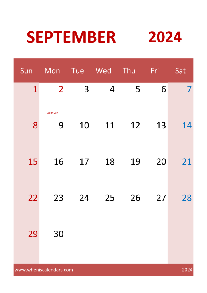 Download Calendar Printable September 2024 A4 Vertical 94045