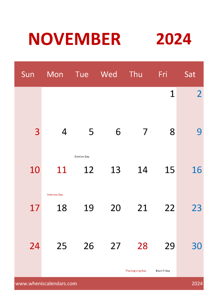 Download Calendar Printable November 2024 A4 Vertical 114045