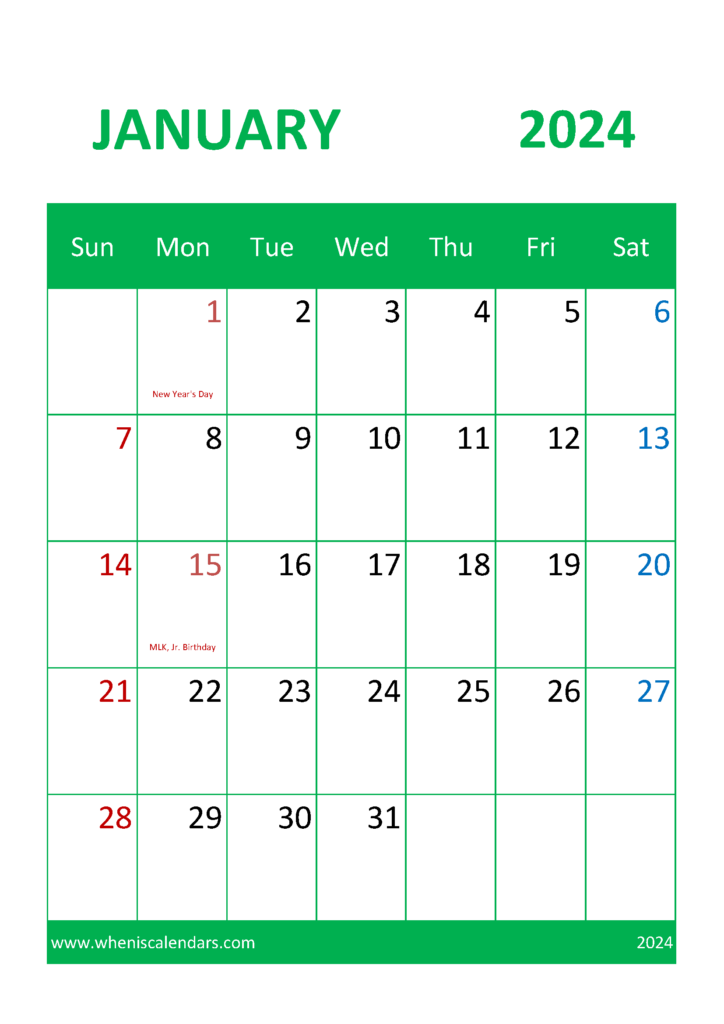 Download January Holiday Calendar 2024 A4 Vertical J4046
