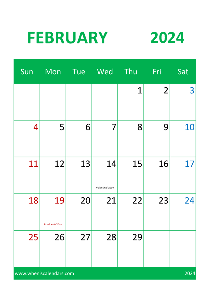Download February Holiday Calendar 2024 A4 Vertical 24046