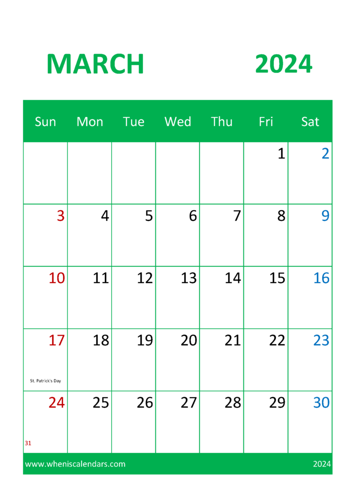 Download March Holiday Calendar 2024 A4 Vertical 34046