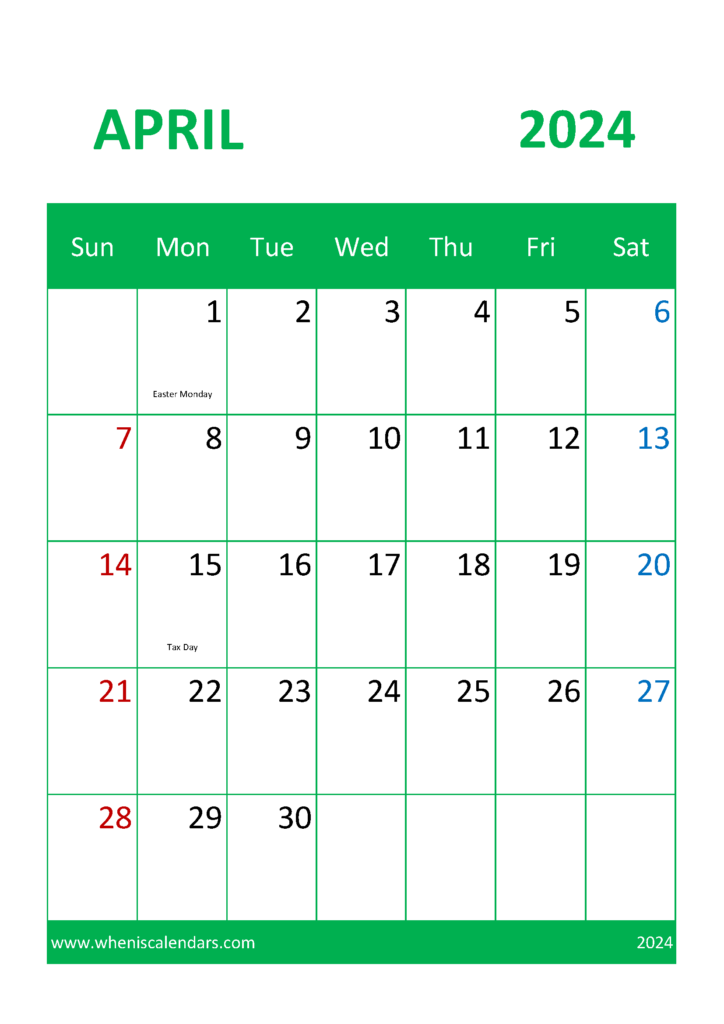 Download April Holiday Calendar 2024 A4 Vertical 44046