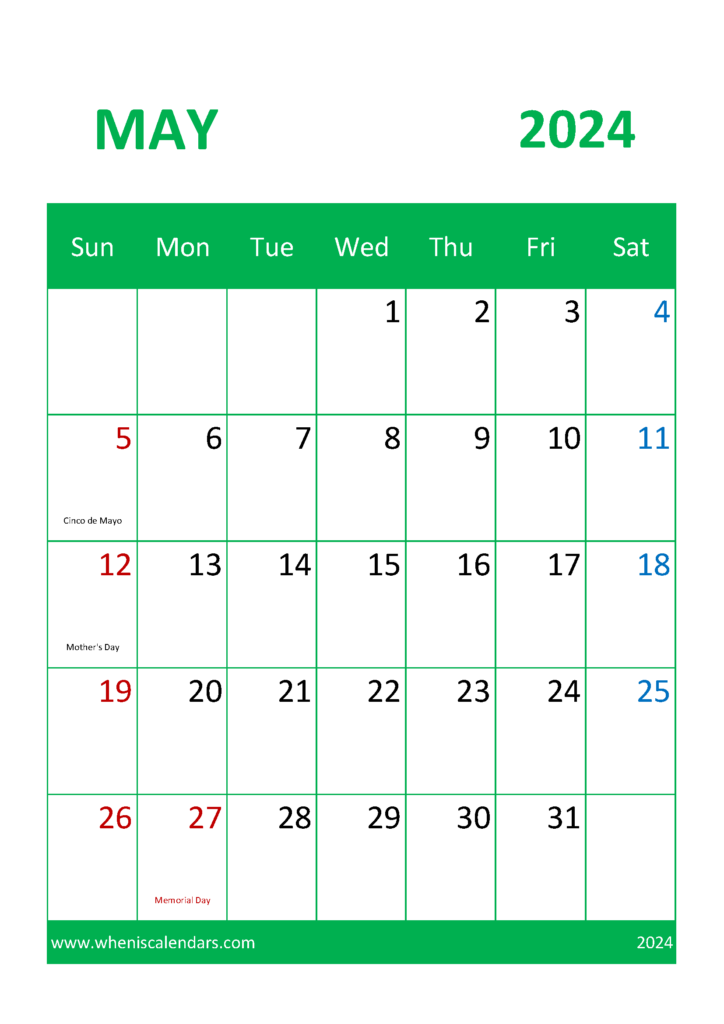 Download May Holiday Calendar 2024 A4 Vertical 54046