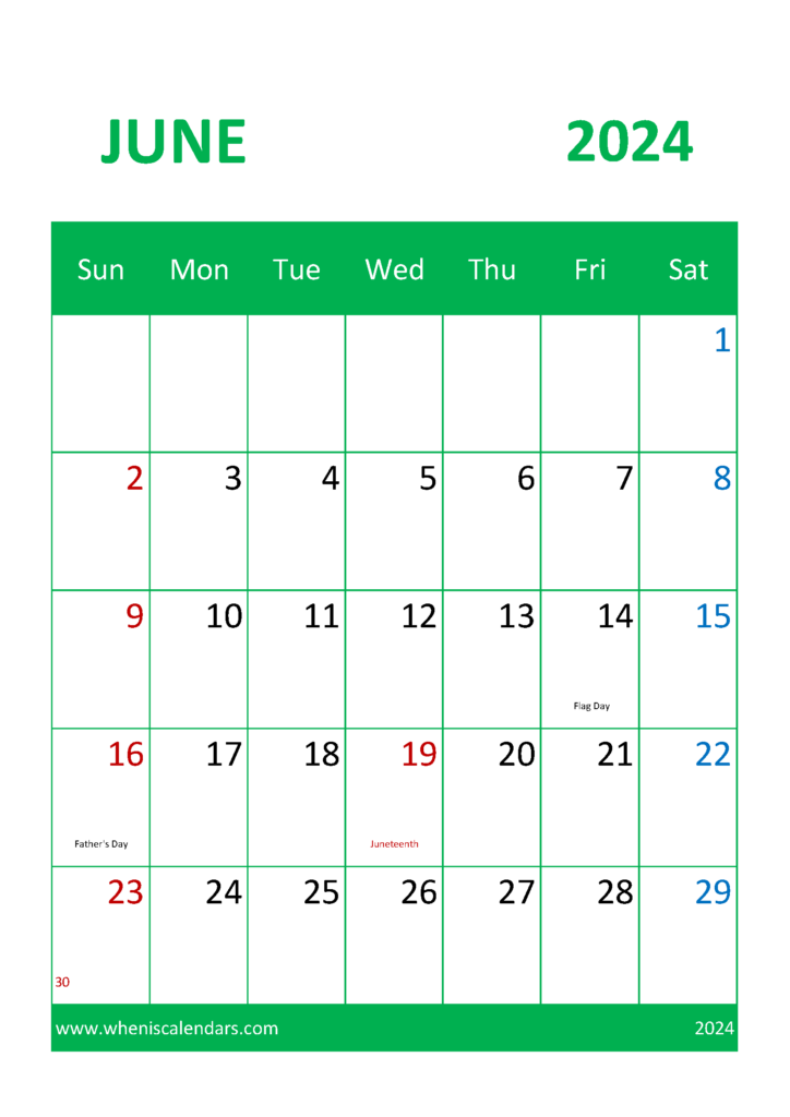 Download June Holiday Calendar 2024 A4 Vertical 64046