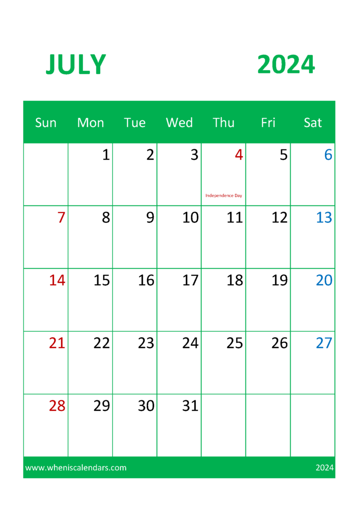 Download July Holiday Calendar 2024 A4 Vertical 74046