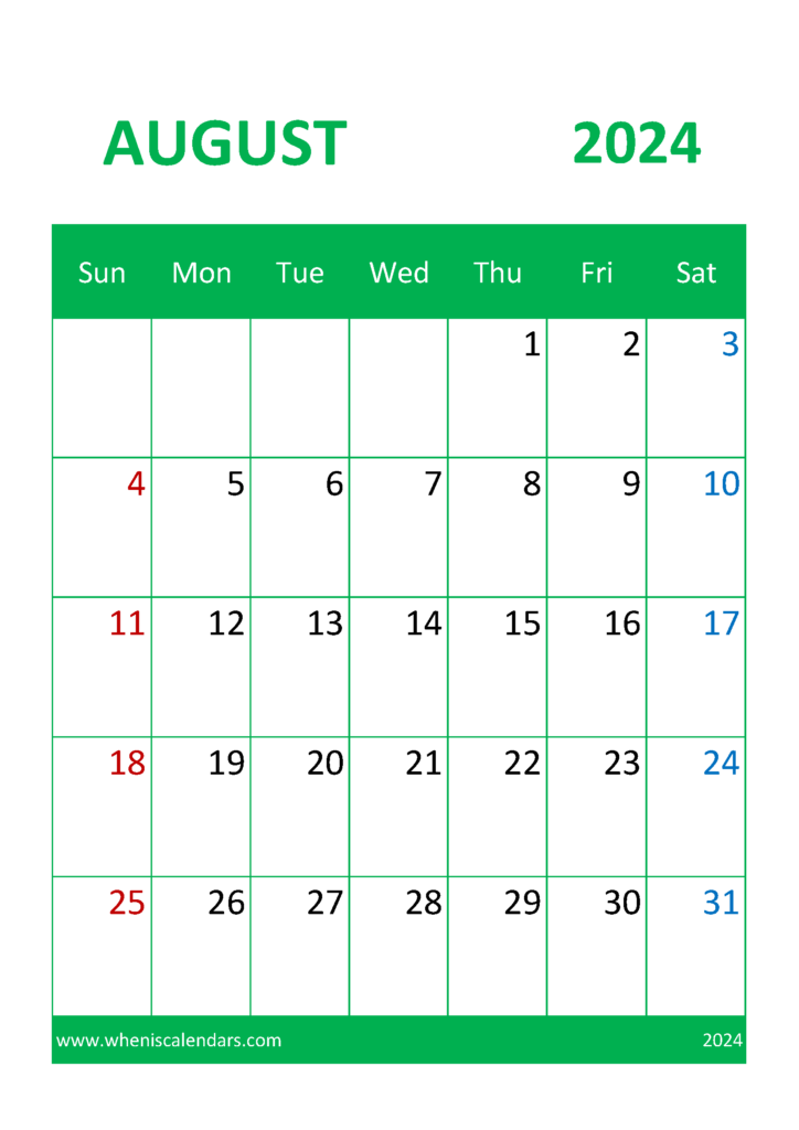 Download August Holiday Calendar 2024 A4 Vertical 84046