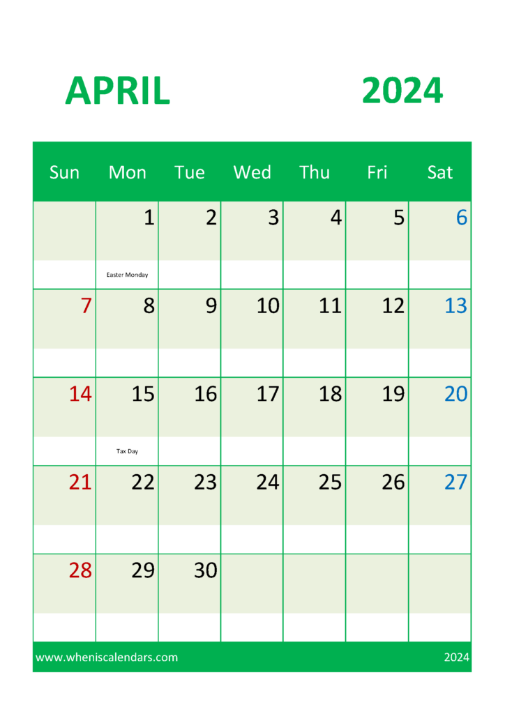 Download Free Printable April 2024 Calendar with Holidays A4 Vertical 44047