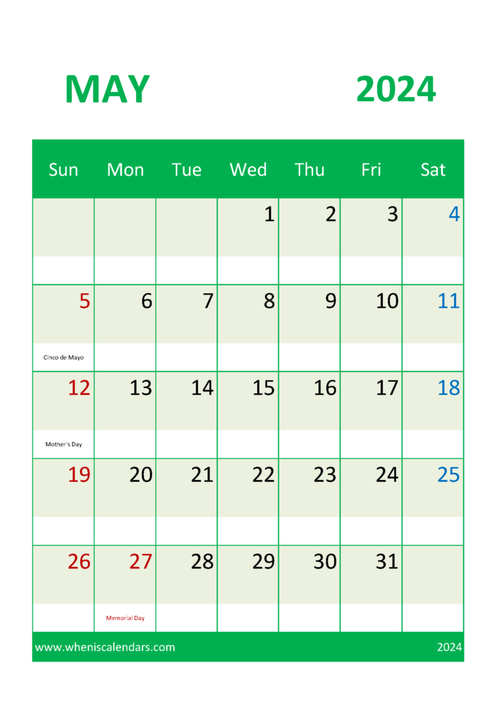 Download Free Printable May 2024 Calendar with Holidays A4 Vertical 54047