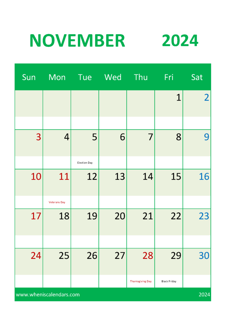 Download Free Printable November 2024 Calendar with Holidays A4 Vertical 114047