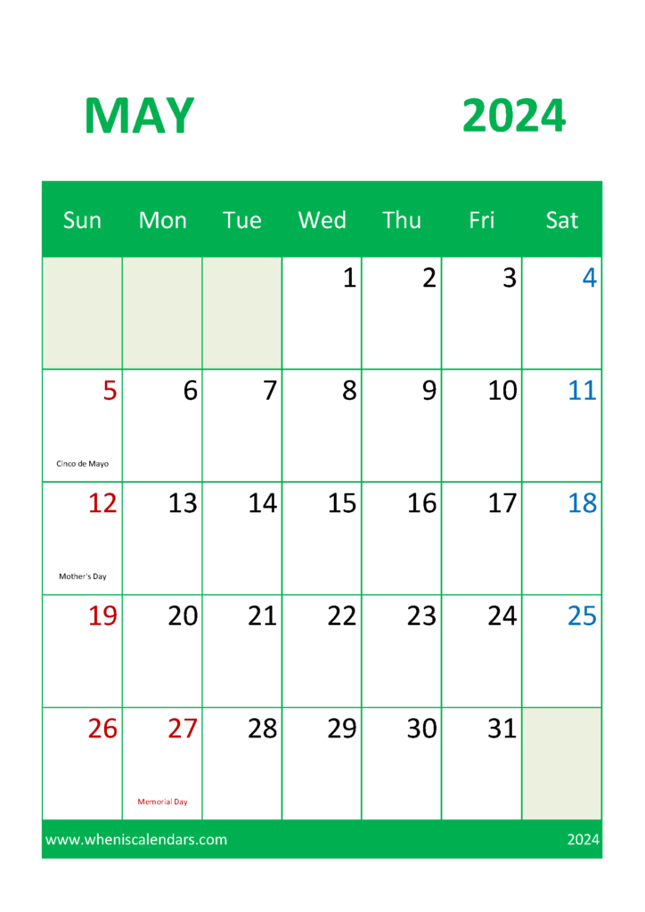 Download May Calendar Printable 2024 A4 Vertical 54048