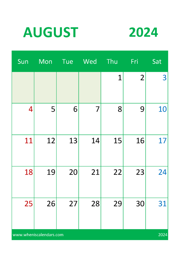 Download August Calendar Printable 2024 A4 Vertical 84048