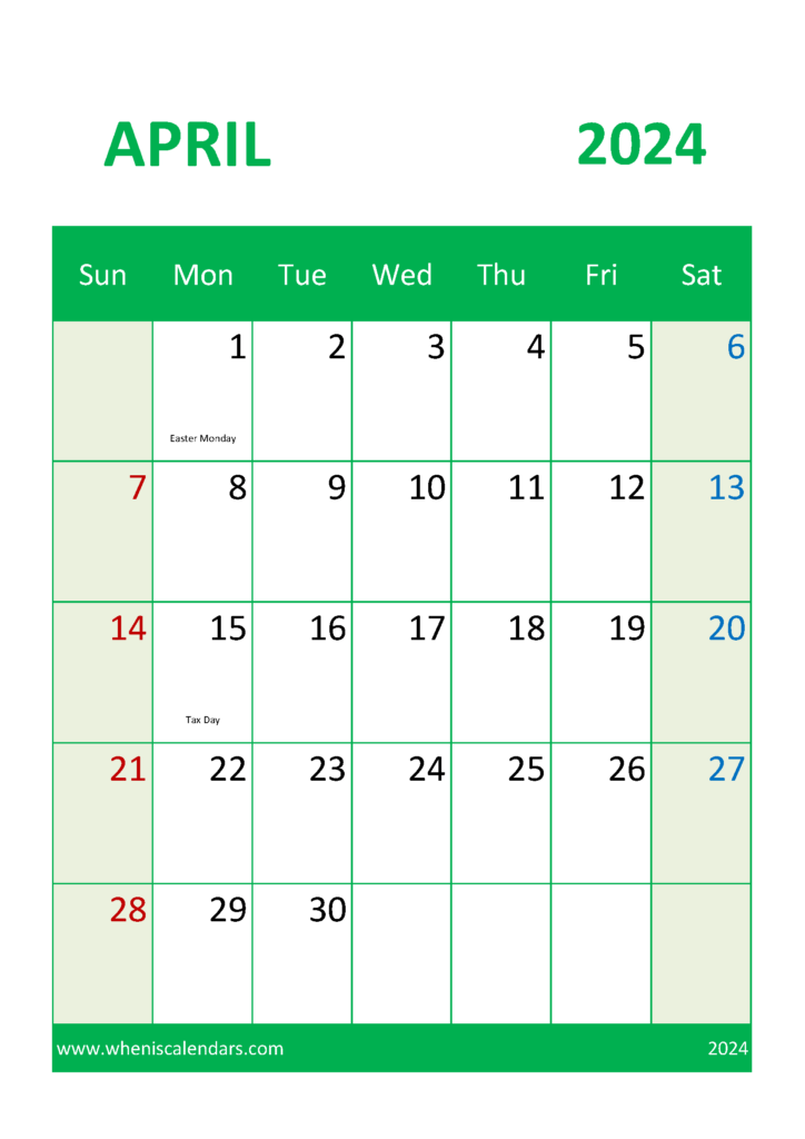 Download Free Printable Calendar 2024 April A4 Vertical 44049