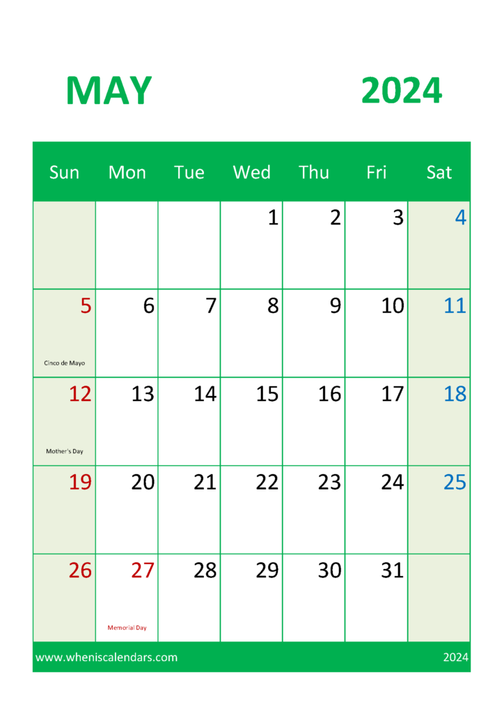 Download Free Printable Calendar 2024 May A4 Vertical 54049