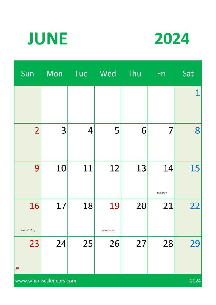 Download Free Printable Calendar 2024 June A4 Vertical 64049