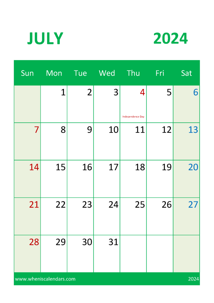 Download Free Printable Calendar 2024 July A4 Vertical 74049