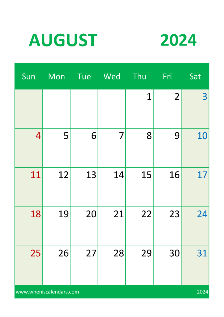 Download Free Printable Calendar 2024 August A4 Vertical 84049