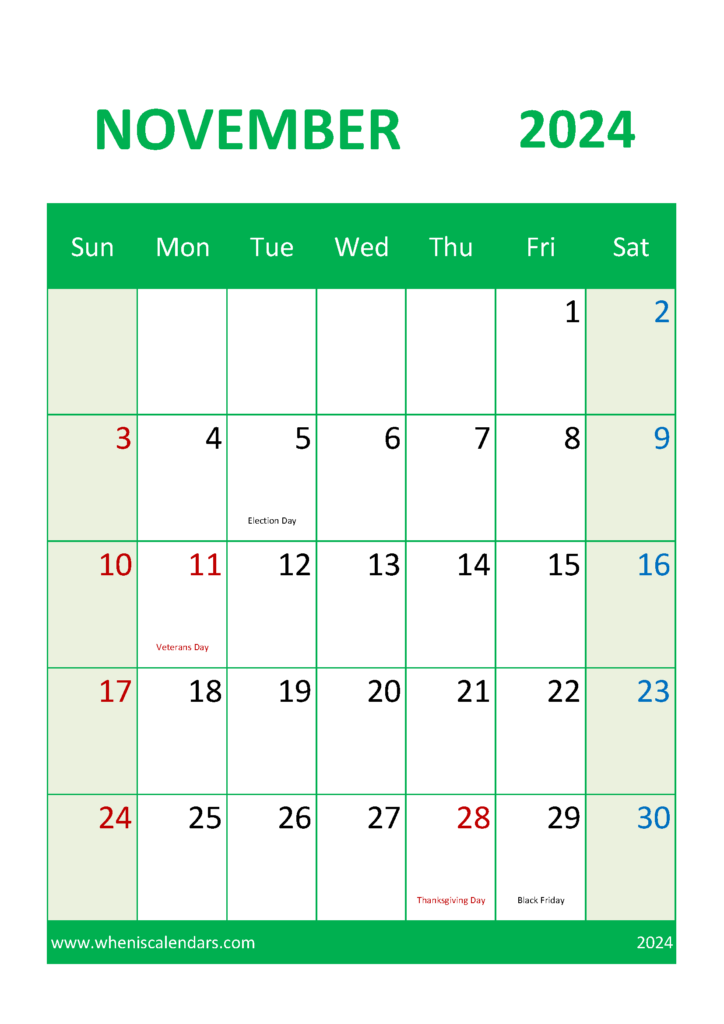 Download Free Printable Calendar 2024 November A4 Vertical 114049