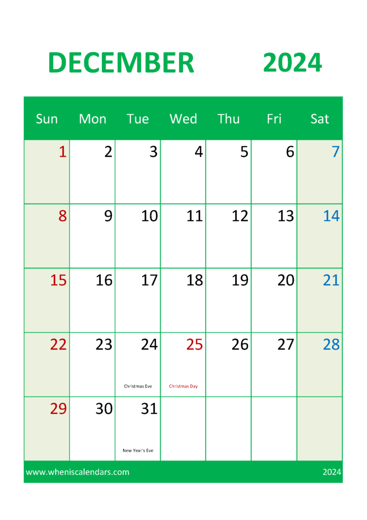 Download Free Printable Calendar 2024 December A4 Vertical 124049