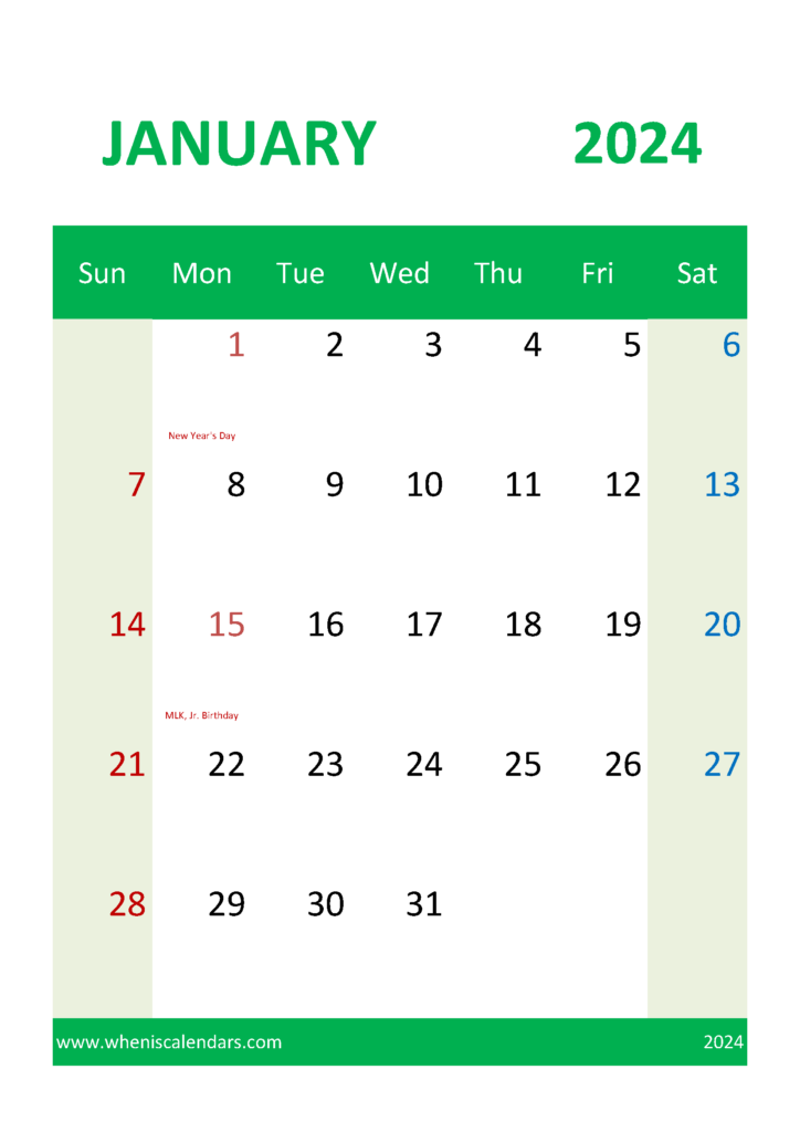Download Printable 2024 January Calendar A4 Vertical J4050