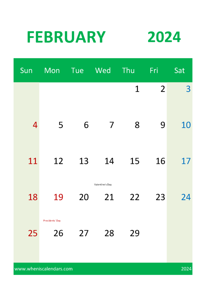 Download Printable 2024 February Calendar A4 Vertical 24050