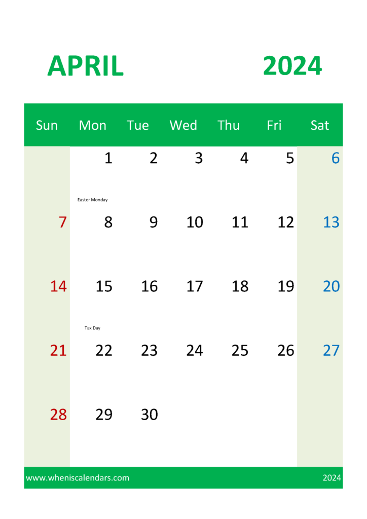 Download Printable 2024 April Calendar A4 Vertical 44050