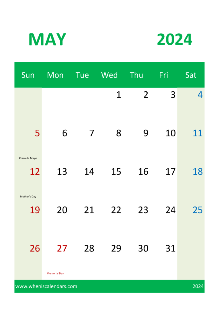 Download Printable 2024 May Calendar A4 Vertical 54050