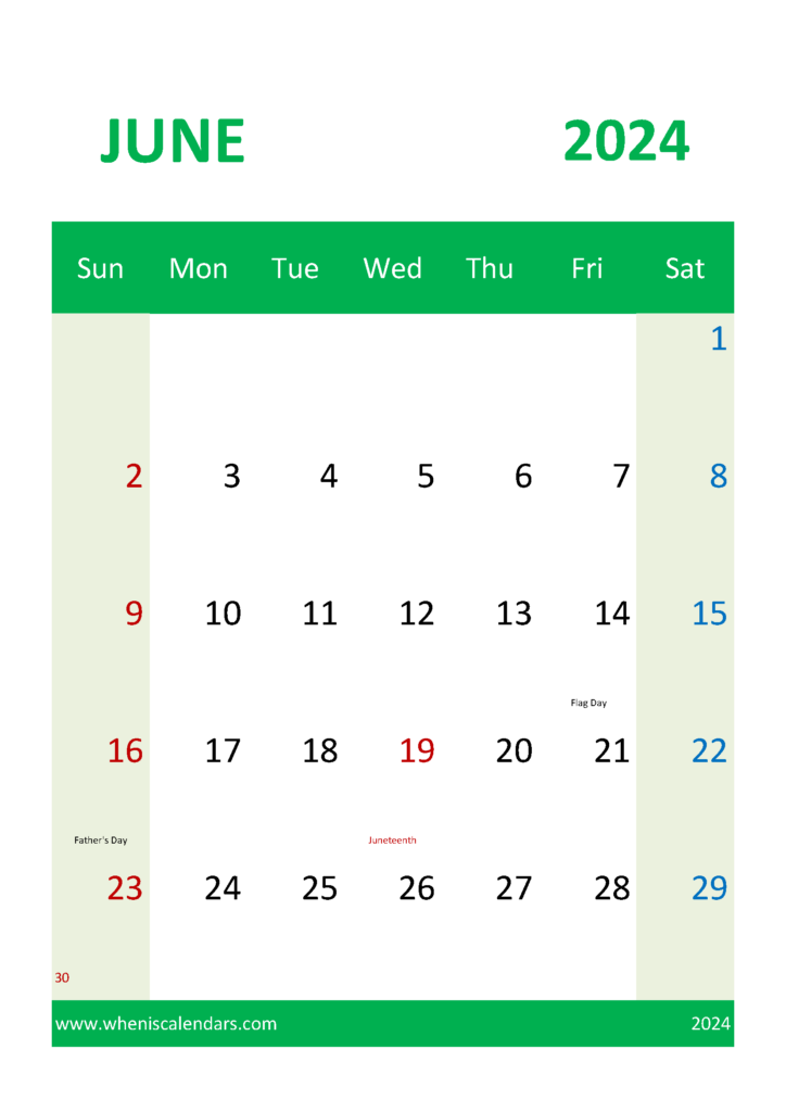 Download Printable 2024 June Calendar A4 Vertical 64050
