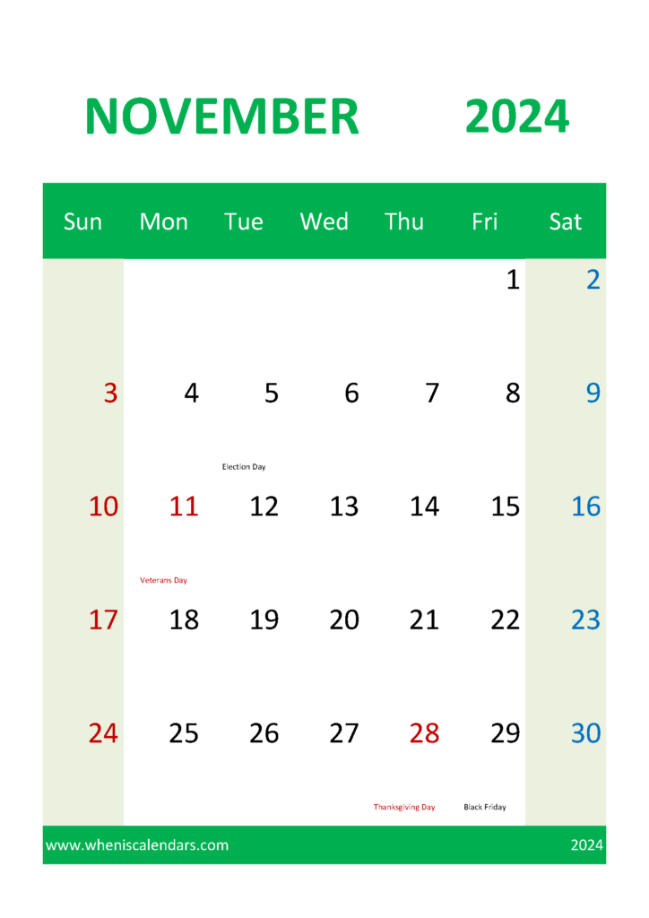 Download Printable 2024 November Calendar A4 Vertical 114050