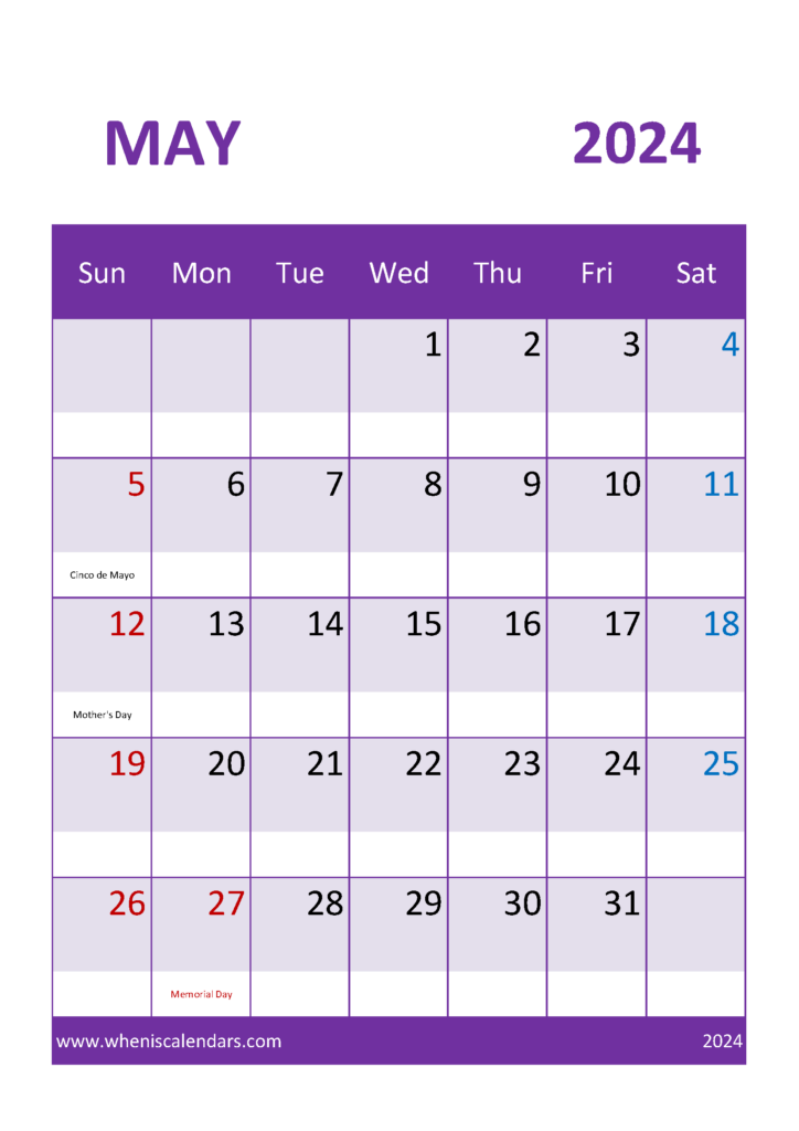 Download Free Printable May Calendar 2024 A4 Vertical 54052