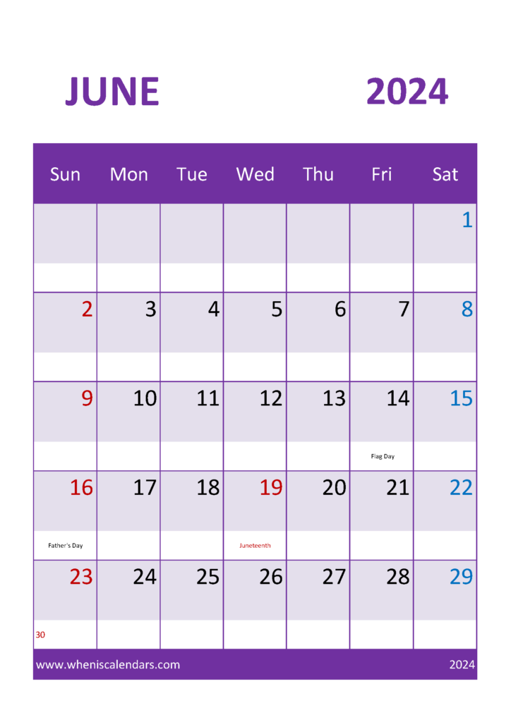 Download Free Printable June Calendar 2024 A4 Vertical 64052