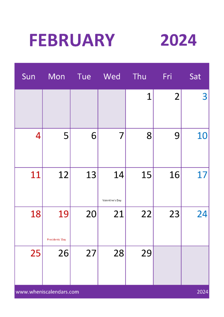 Download February Calendar Template 2024 A4 Vertical 24053