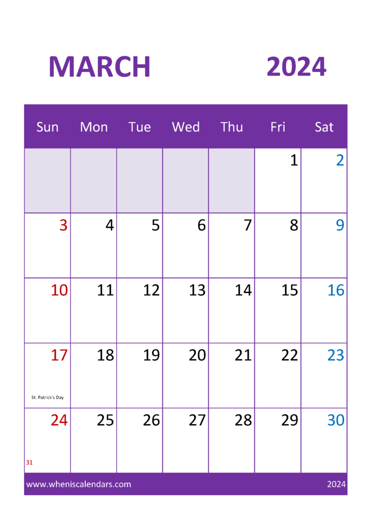 Download March Calendar Template 2024 A4 Vertical 34053