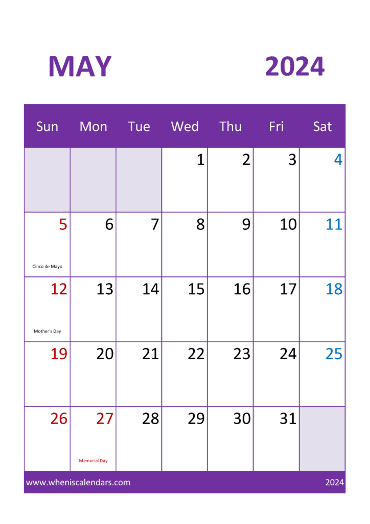Download May Calendar Template 2024 A4 Vertical 54053