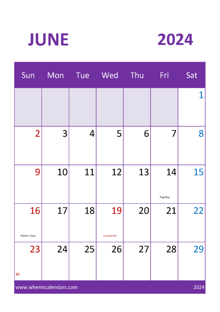 Download June Calendar Template 2024 A4 Vertical 64053