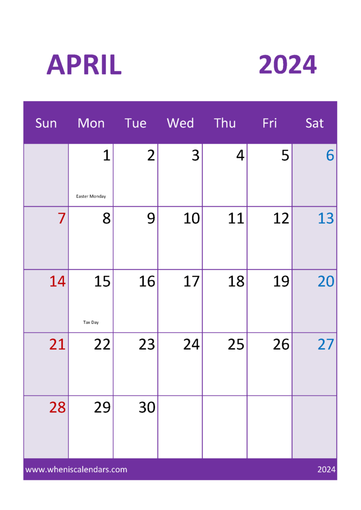 Download month of April 2024 Printable Calendar A4 Vertical 44054