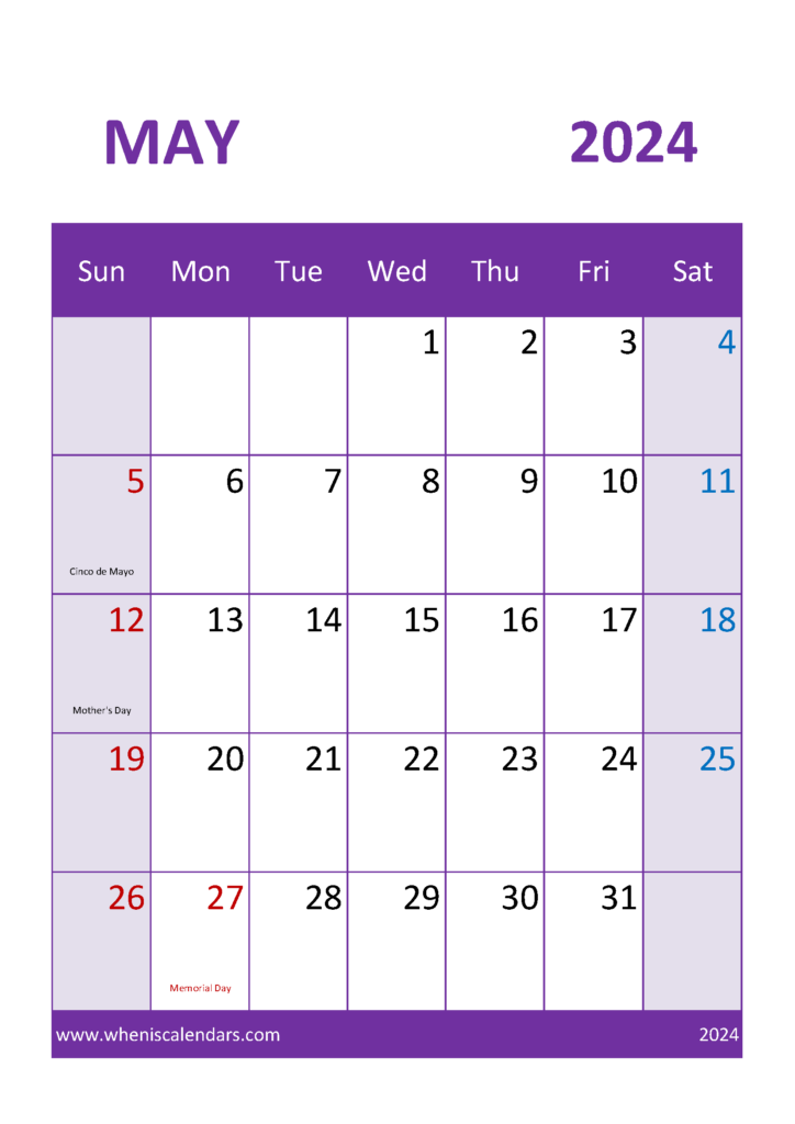 Download month of May 2024 Printable Calendar A4 Vertical 54054