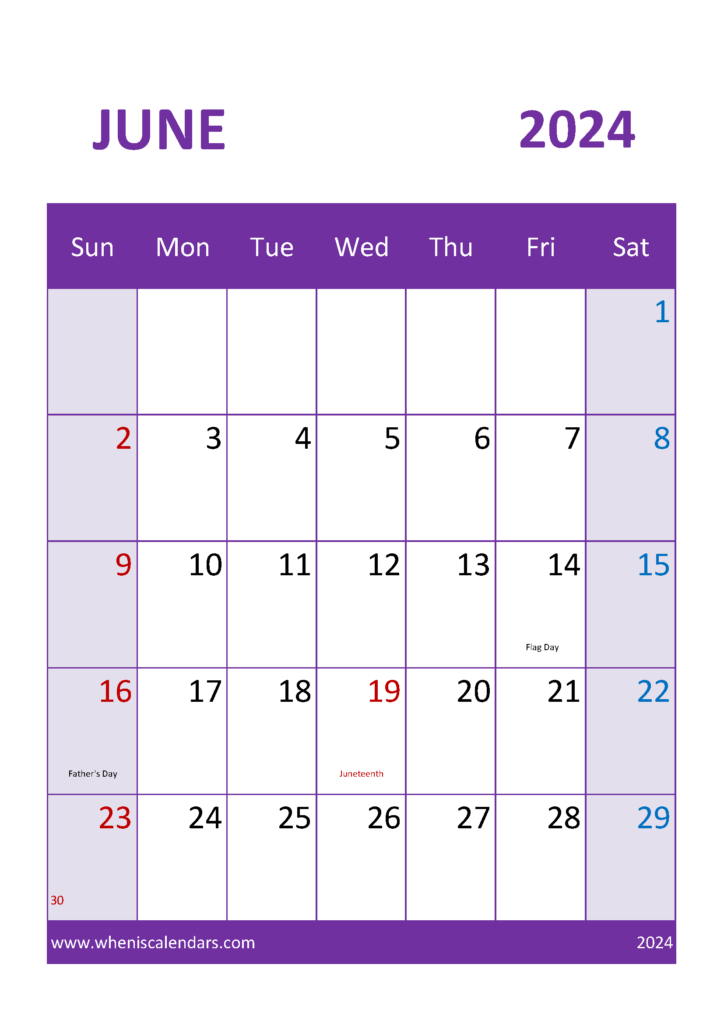 Download month of June 2024 Printable Calendar A4 Vertical 64054
