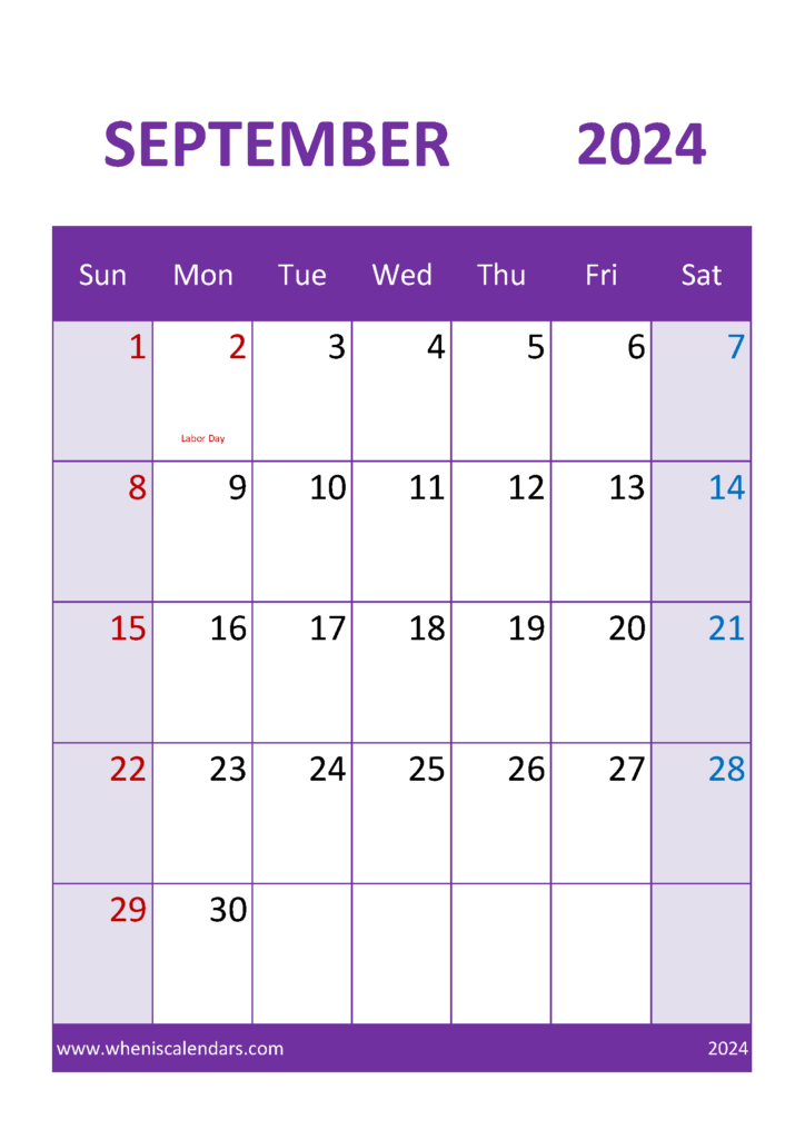 Download month of September 2024 Printable Calendar A4 Vertical 94054