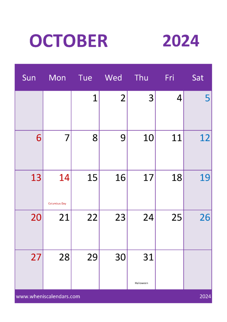 Download month of October 2024 Printable Calendar A4 Vertical 104054