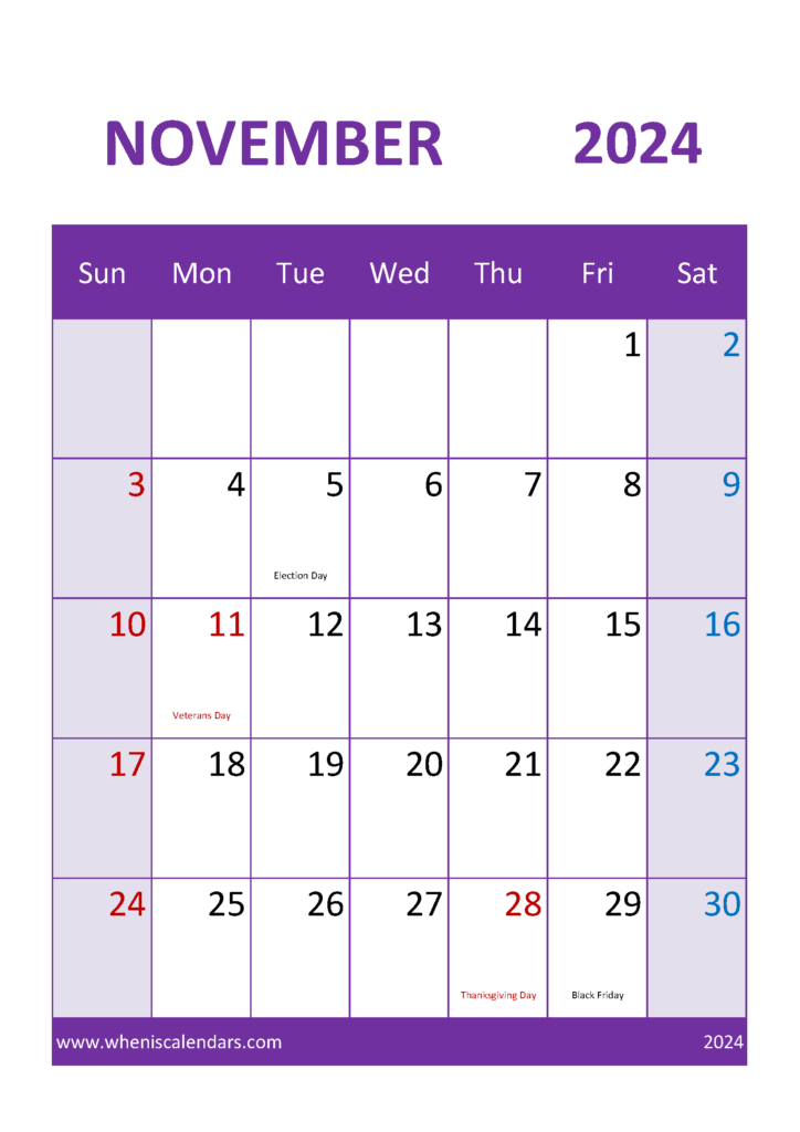 Download month of November 2024 Printable Calendar A4 Vertical 114054