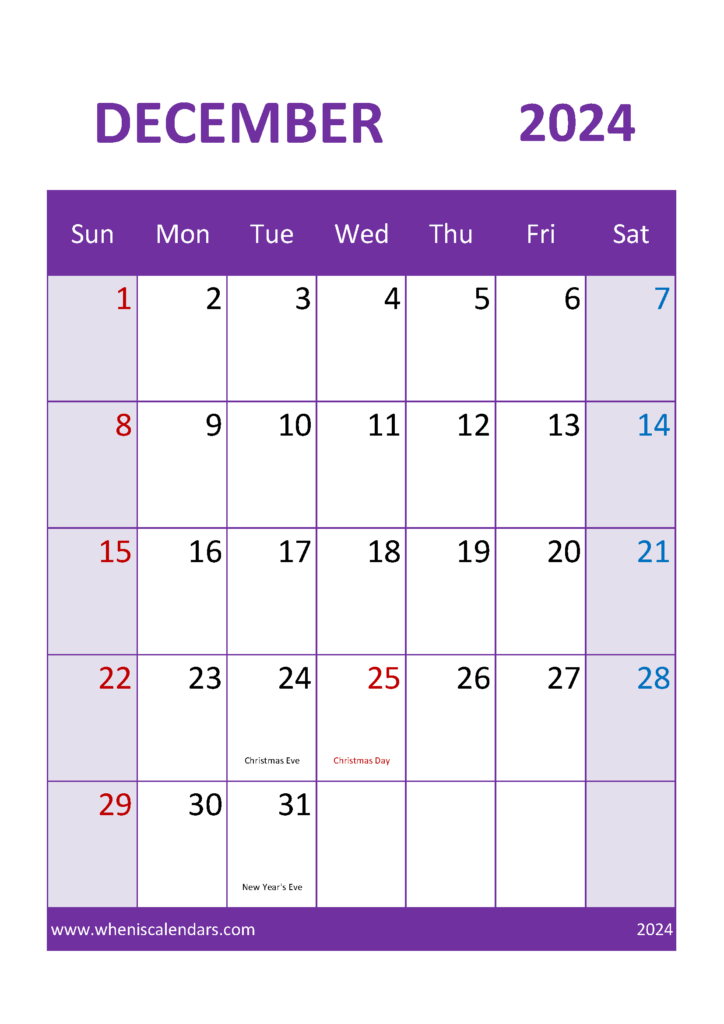 Download month of December 2024 Printable Calendar A4 Vertical 124054