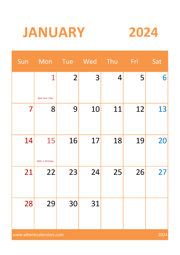 Download Blank January 2024 Calendar Printable A4 Vertical J4056