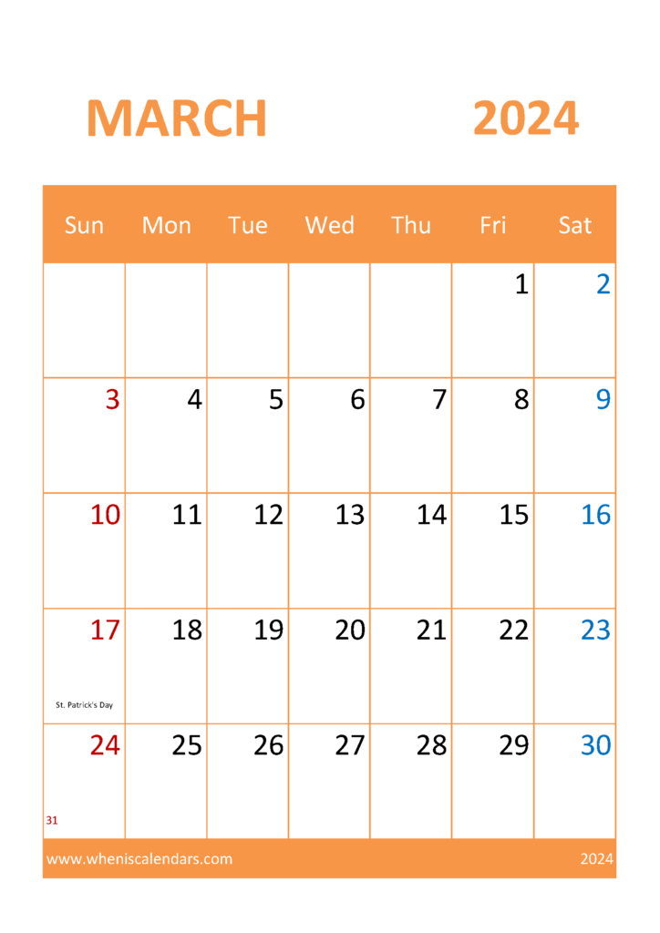Download Blank March 2024 Calendar Printable A4 Vertical 34056